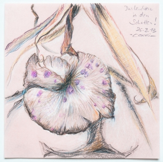 Das Leuchten in den Schatten! (Buntstiftzeichnung auf Papier, 2013, 15 x 15 cm, 2013)